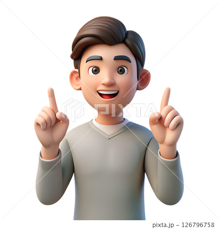 3d man in casual clothes pointing upwards with finger, gesture for attention, direction, or idea, happy expression, isolated 126796758