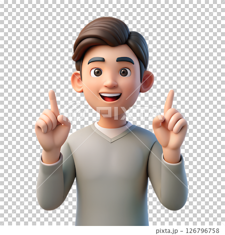 3d man in casual clothes pointing upwards with finger, gesture for attention, direction, or idea, happy expression, isolated 126796758