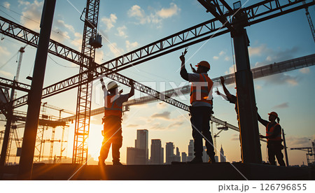朝日を浴びながら作業員が建設現場で鉄骨を組み立てている　Workers are assembling 126796855