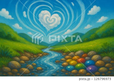 Heart-Shaped Cloud Spinning Above Sparkling Rainbow Pebbles in a Flowing Valley Stream 126796973