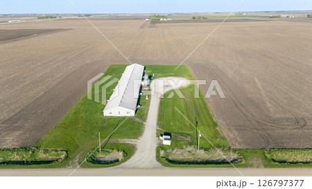 Aerial view above a confined animal operation hog building 126797377