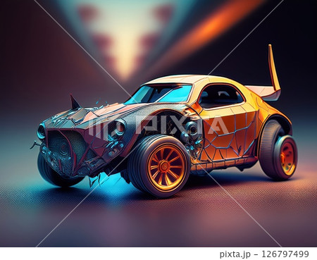 Detailed futuristic car model in a neon-lit environment showcasing innovative design and craftsmanship Generative AI 126797499