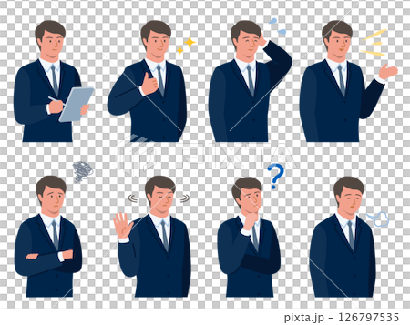 向量圖的一位身穿西裝的年輕上班族的各種面部表情模式 126797535