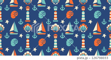Retro seamless pattern with anchors, shells, and lighthouses in a navy blue palette. Great for fabric, wallpapers, children's designs, and marine-themed packaging Retro seamless pattern with anchors, shells, and lighthouses in a navy blue palette. Great for fabric, wallpapers, children's designs, and marine-themed packaging 126798033