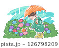 雨の日にカッパを着て傘をさした子供と紫陽花の中にいるカタツムリ 126798209