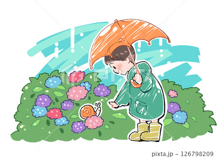 雨の日にカッパを着て傘をさした子供と紫陽花の中にいるカタツムリ 雨の日にカッパを着て傘をさした子供と紫陽花の中にいるカタツムリ 126798209