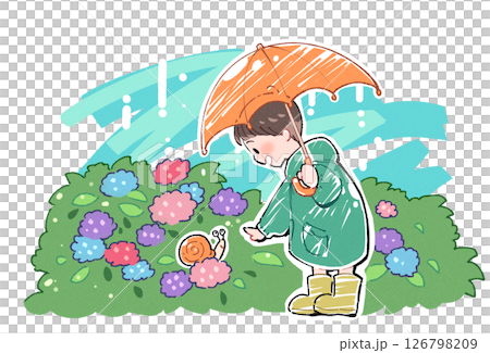 雨の日にカッパを着て傘をさした子供と紫陽花の中にいるカタツムリ 雨の日にカッパを着て傘をさした子供と紫陽花の中にいるカタツムリ 126798209