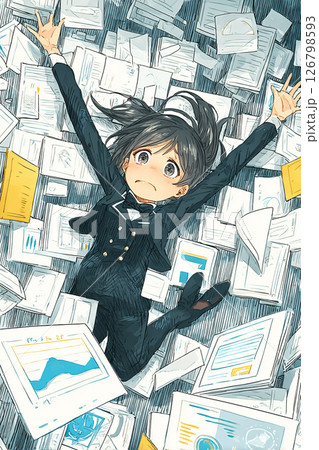 書類に寝そべる女性社員のイラスト	 126798593