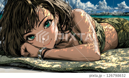 ビーチでリラックスするアニメ風の笑顔の女の子	 126798632
