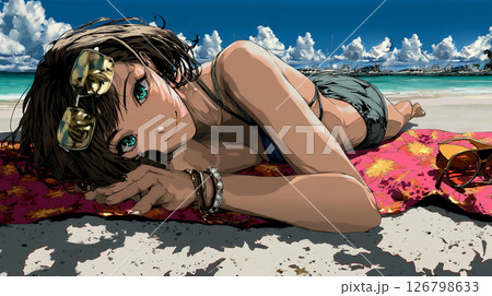 ビーチでリラックスするアニメ風の笑顔の女の子	 126798633