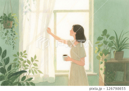 カーテンを開ける女性　AI生成 126798655