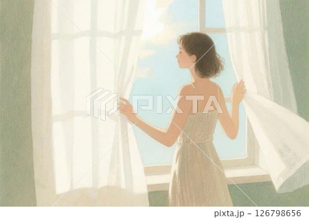 カーテンを開ける女性　AI生成 126798656