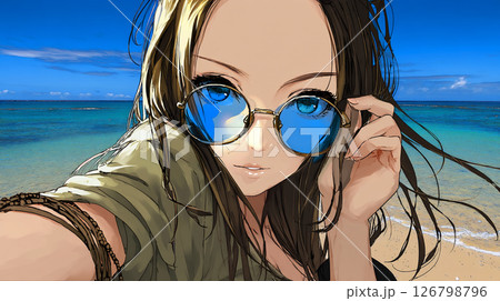 ビーチで自撮りするサングラスをかけた女性のイラスト素材 [126798796