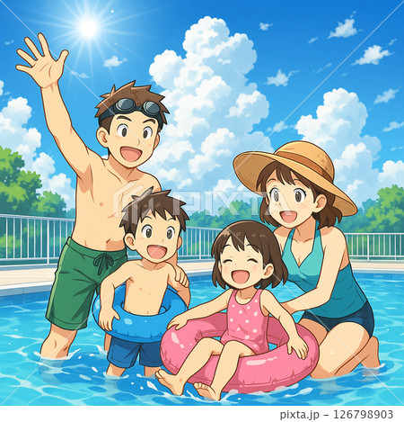 夏のプールで遊ぶ家族 126798903