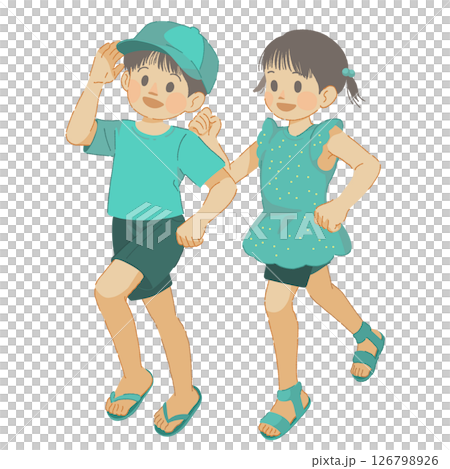 夏の装いで走る男の子と女の子のイラスト 126798926