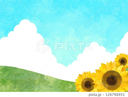 ひまわりと草原と青空の爽やかな夏イメージ風景イラスト 126798931