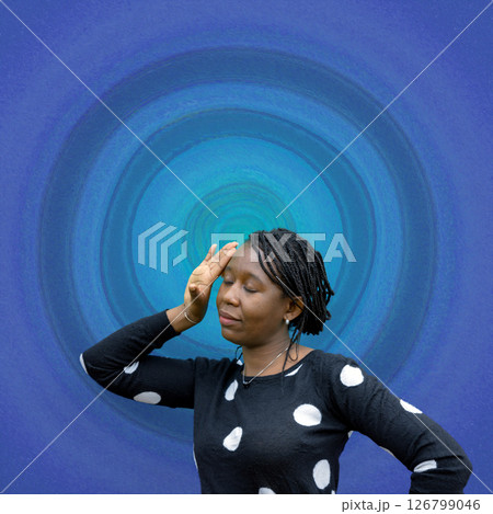 African Woman Hand on Head EMF Protection Pain Relief Blue Art Background 126799046