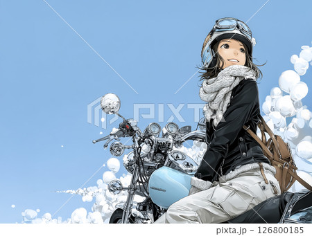 雪の日に大型クルーザーバイクでツーリングする女性ライダーのイラスト素材 126800185