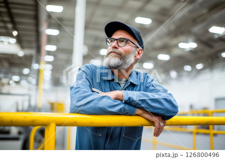 A man with a beard and glasses is leaning on a yellow railing 126800496