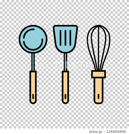 おたま・フライ返し・泡立て器のベクターイラスト|調理器具,キッチンツール,料理道具,木製ハンドル,青 おたま・フライ返し・泡立て器のベクターイラスト|調理器具,キッチンツール,料理道具,木製ハンドル,青 126800806