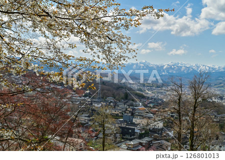 残雪の山を背景に桜咲く金沢 残雪の山を背景に桜咲く金沢 126801013