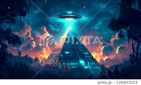 ピラミッドのような遺跡の上空に浮かぶ円盤型UFO ピラミッドのような遺跡の上空に浮かぶ円盤型UFO 126801053