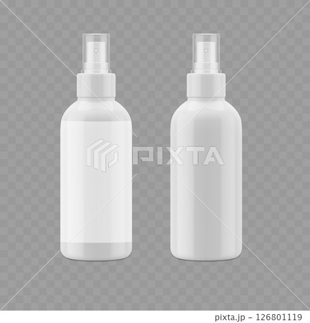 White Plastic Spray Bottle Mockup - Cosmetic Mister Template. Vector 126801119