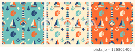 Playful seamless patterns with anchors, boats, and seashells in limited color palette. Summer textile design background, children's apparel design or seaside-themed projects 126801406