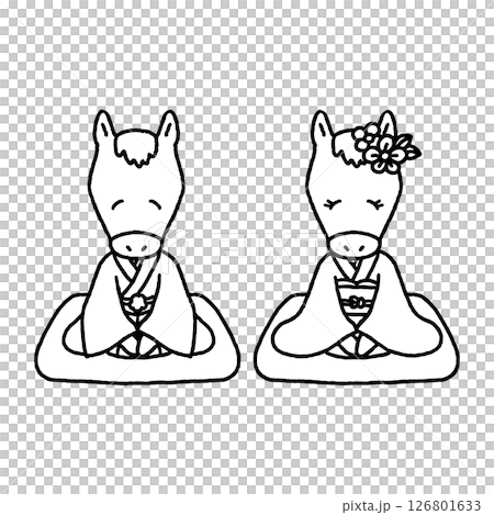 A line drawing of a zodiac sign, horse, greeting someone in a kimono 126801633