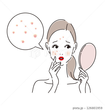 手鏡でニキビや吹き出物ををチェックしている悩める女性 手鏡でニキビや吹き出物ををチェックしている悩める女性 126801959