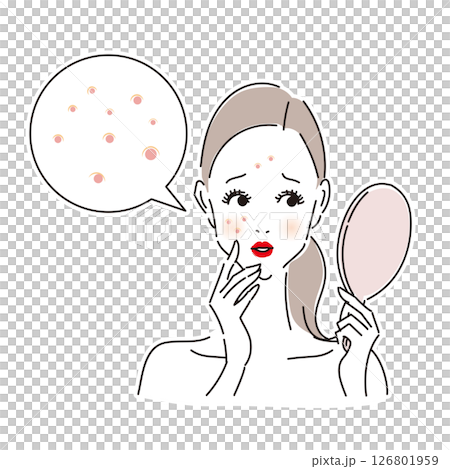 手鏡でニキビや吹き出物ををチェックしている悩める女性 手鏡でニキビや吹き出物ををチェックしている悩める女性 126801959