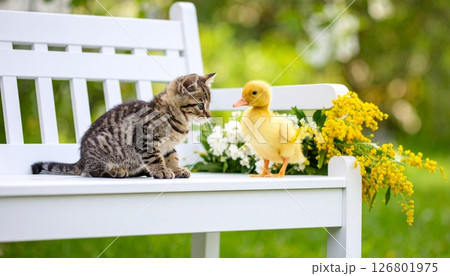 お庭の白いベンチで遊ぶ仔猫とアヒルの子 お庭の白いベンチで遊ぶ仔猫とアヒルの子 126801975