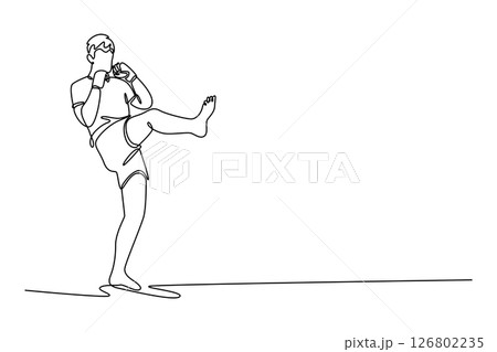 Single one line drawing male kickboxer fighter training kick in sport gym. Powerful sportsman strong body strength workout. Energy power. Modern continuous line draw design graphic vector illustration Single one line drawing male kickboxer fighter training kick in sport gym. Powerful sportsman strong body strength workout. Energy power. Modern continuous line draw design graphic vector illustration 126802235