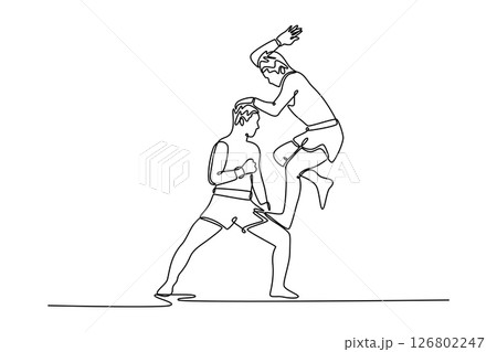 Single continuous line drawing two strong muay thai fighter fight with one man stand on thigh of other man and action look like elbow beat to opponent. One line draw graphic design vector illustration Single continuous line drawing two strong muay thai fighter fight with one man stand on thigh of other man and action look like elbow beat to opponent. One line draw graphic design vector illustration 126802247