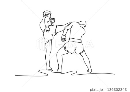 Single continuous line drawing two aggressive kickboxing fighter having competition at national tournament. Sport, health, workout, training, strength. One line draw graphic design vector illustration 126802248