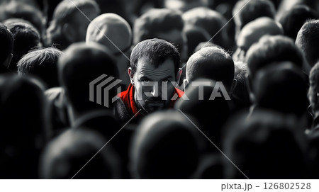 Focused portrait of a european man in red hoodie standing out in a crowded black and white scene 126802528