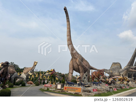 Pattaya, Thailand - May 29, 2025  A full-scale replica of the long-necked dinosaur and others at the dinosaur park in a beautiful landscape garden at Nong Nooch Garden. Pattaya, Thailand - May 29, 2025  A full-scale replica of the long-necked dinosaur and others at the dinosaur park in a beautiful landscape garden at Nong Nooch Garden. 126802619