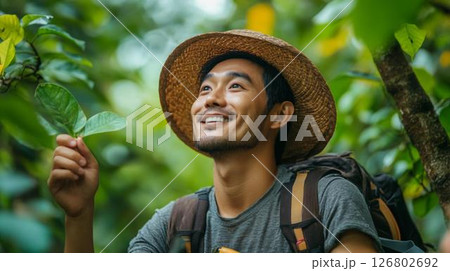 緑豊かな森の中で探検する男性、ハイキングとエコツーリズムのイメージ 緑豊かな森の中で探検する男性、ハイキングとエコツーリズムのイメージ 126802692