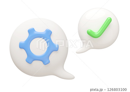 3D checkmarks and gear with chat bubble. Ideal for confirmation, technology, communication concept.Simple, clean, modern design. tick marks and cogwheel. Represents approval, industry and engineering. 126803100