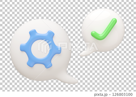 3D checkmarks and gear with chat bubble. Ideal for confirmation, technology, communication concept.Simple, clean, modern design. tick marks and cogwheel. Represents approval, industry and engineering. 126803100
