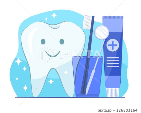 Cute White Tooth Cartoon Character with Toothbrush and Toothpaste for Dental Healthcare Concept Illustration Clip Art 126803164