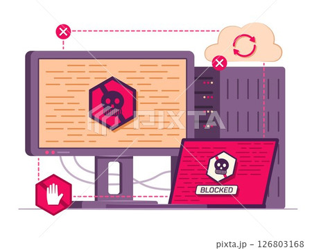 Ransomware Attack Desktop PC Computer, Laptop Computer and Cloud Server for Cyber Crime and Malware Concept Illustration 126803168