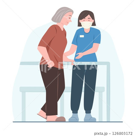 Physiotherapist Doctor Rehabilitates Elderly Woman Patient for Doing Walking Exercises for Rehabilitation and Healthcare Concept Illustration Physiotherapist Doctor Rehabilitates Elderly Woman Patient for Doing Walking Exercises for Rehabilitation and Healthcare Concept Illustration 126803172