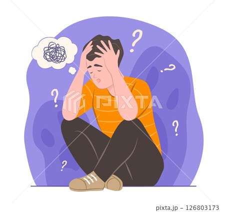 Depressed Man Holding Head in Hands with Feeling of Stress Out for Mental Health Concept Illustration 126803173