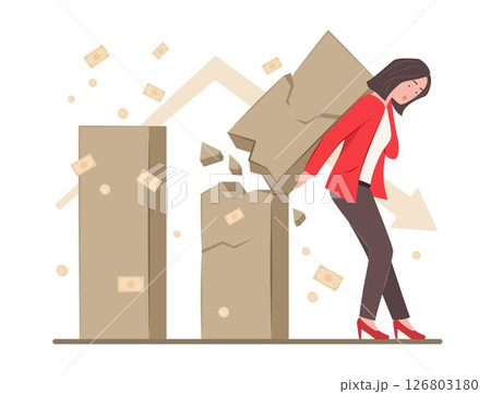Business Woman Pushing Cracked Financial Bar Chart for Economy Recession and Bankruptcy Concept Illustration Business Woman Pushing Cracked Financial Bar Chart for Economy Recession and Bankruptcy Concept Illustration 126803180