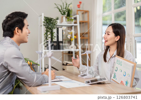 ESG Business Strategies. Engaging discussion on sustainability initiatives. 126803741