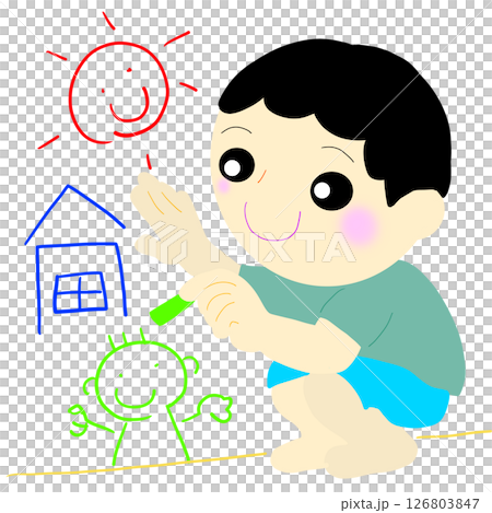 お絵かきして壁まで描いちゃう子ども 126803847