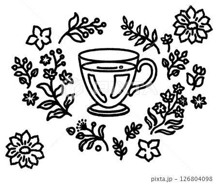 草花に囲まれたティーカップの黒い線画 126804098