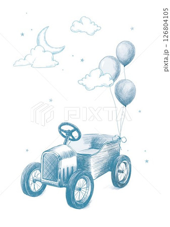 Hand-drawn retro-style poster featuring a vintage toy car with balloons, clouds, stars, and moon. Soft, sketch-style artwork ideal for newborn nursery decor, baby shower gifts, and children's wall art 126804105