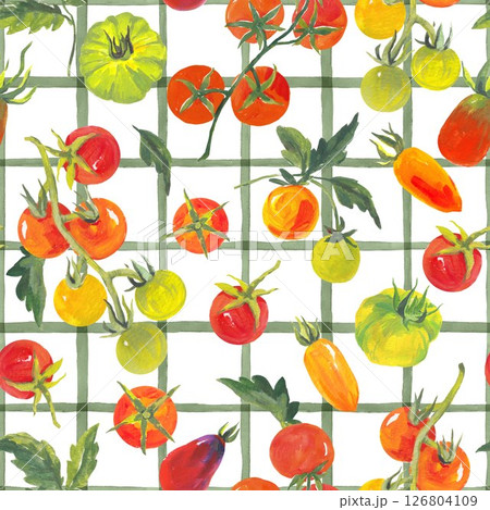 Trendy seamless summer pattern featuring colorful tomatoes on a checkered background, painted in vibrant acrylic style. This playful tropical-inspired design is perfect for fashion, fabric, textiles Trendy seamless summer pattern featuring colorful tomatoes on a checkered background, painted in vibrant acrylic style. This playful tropical-inspired design is perfect for fashion, fabric, textiles 126804109